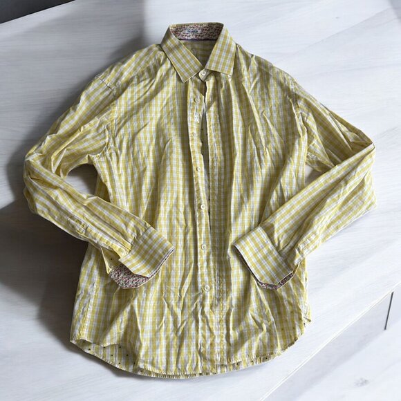 BUGATCHI Men's Yellow Plaid Print Long Sleeve Button Down Shirt Size M - Picture 1 of 8